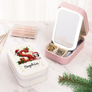 Portagioie da viaggio personalizzato con cappello di Babbo Natale, iniziale del personaggio dei cartoni animati, con nome e specchio per il trucco a L