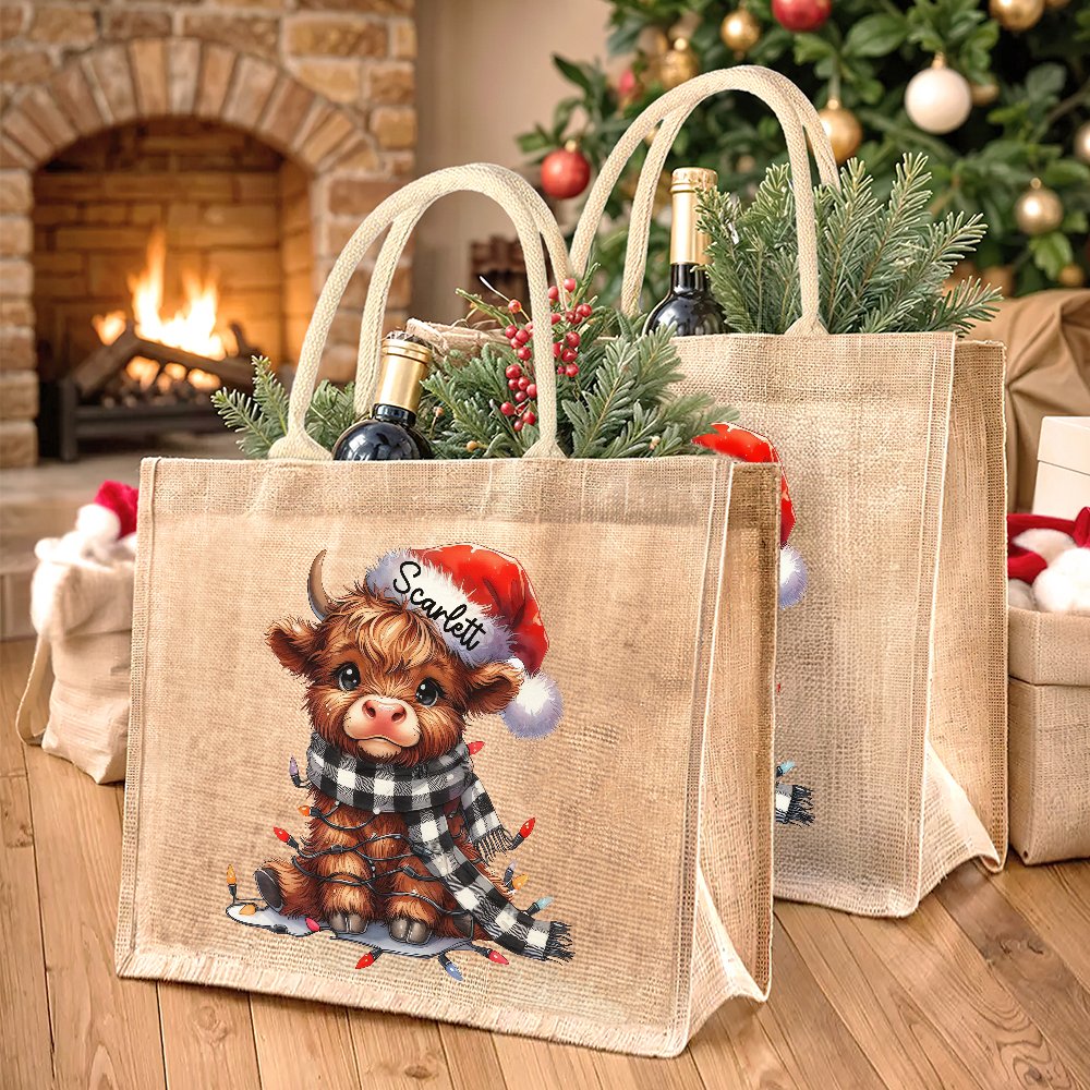 Sac en toile de jute réutilisable avec nom Cadeau d'anniversaire Cadeau de Noël pour les amoureux de la famille Highland Cow 2