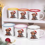 Chapeau de Père Noël Lights Highland Cow Mug 11oz Colored Rim Enamel Mug with Name Christmas Festival Gift for Family Kids