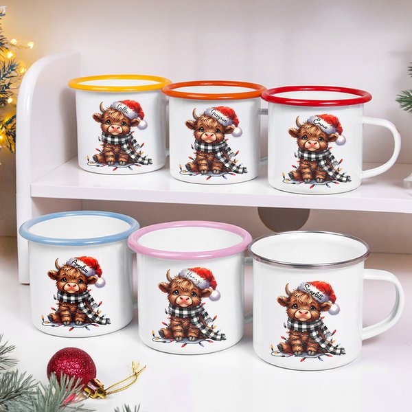 Personalisierte Weihnachtsmannmütze Lichter Hochland Kuh 11oz farbigen Rand Emaille Becher mit Namen Weihnachtsfest Geschenk für Familie Kinder