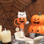 Personalized 3D Ghost Cat Pumpkin Straw Cover Topper with Initial Charm Accessories for Stanley Tumbler Halloween Birthday Gift for Family Friends