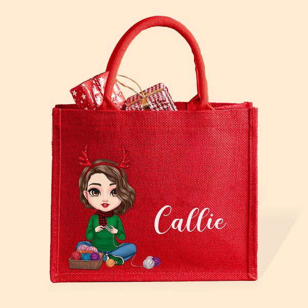 Personalisierte Weihnachten Cartoon-Charakter umweltfreundlich Stricken Jutetasche Tote Bag mit Weihnachtsgeschenk für Nähen Häkeln Liebhaber