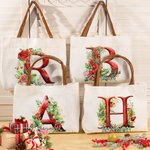 Personalised 3D Effect Holly Flowers Initial Canvas Tote Bag with Name and Leather Handle Christmas Birthday Gift for Family Friends