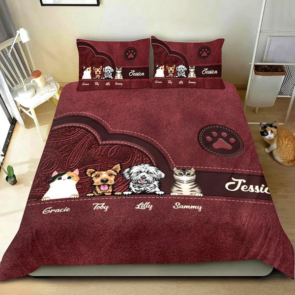 Personalizzato Vintage Cartoon 1-6 Cani Gatti Paw Print Morbido copripiumino e 2 copricuscini Set di biancheria da letto con nome Regalo di compleanno per i proprietari di animali domestici
