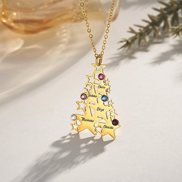 Personalised Dainty Star Christmas Tree Necklace with 1-5 Birthstones and Engraved Names Family Jewellery Christmas Birthday Gift for Women