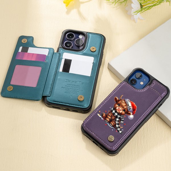 Personnalisé Nom Santa Hat Highland étui de téléphone à rabat en cuir de vache avec porte-cartes et blocage RFID Cadeau d'anniversaire et de Noël pour la famille et les amis