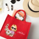 Personalized Birth Flower Cartoon Character Eco-friendly Red Jute Bag with Name Mother's Day Christmas Birthday Gift for Women Girls
