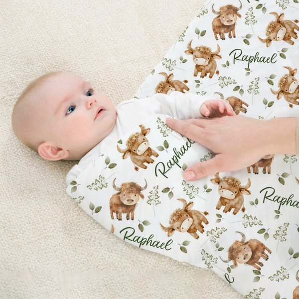 Personlig søt Highland Cow Green Leaves Baby mottakende teppe Swaddle med navn bursdag baby shower gave til nyfødte