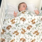 Personalised Cute Highland Cow Green Leaves Baby Receiving Blanket Swaddle with Name Birthday Baby Shower Gift for Newborns