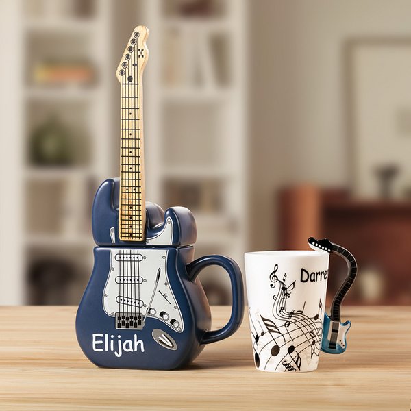 Personalized Funny Guitar Shape Handle Ceramic Mug with Name and Cover Birthday Gift for Guitar Player