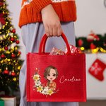 Personalized Birth Flower Cartoon Character Eco-friendly Red Jute Bag with Name Mother's Day Christmas Birthday Gift for Women Girls