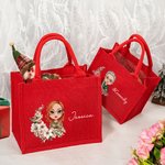 Personalized Birth Flower Cartoon Character Eco-friendly Red Jute Bag with Name Mother's Day Christmas Birthday Gift for Women Girls