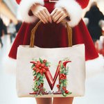 Personalised 3D Effect Holly Flowers Initial Canvas Tote Bag with Name and Leather Handle Christmas Birthday Gift for Family Friends