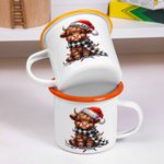 Chapeau de Père Noël Lights Highland Cow Mug 11oz Colored Rim Enamel Mug with Name Christmas Festival Gift for Family Kids