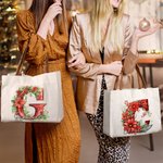 Personalised 3D Effect Holly Flowers Initial Canvas Tote Bag with Name and Leather Handle Christmas Birthday Gift for Family Friends