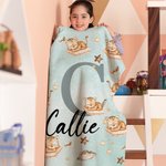 Personalised Cute Sleep Animal Moon Star Soft Throw Blanket with Name and Initial Birthday Baby Shower Gift for Kids