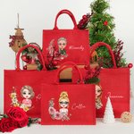 Personalized Birth Flower Cartoon Character Eco-friendly Red Jute Bag with Name Mother's Day Christmas Birthday Gift for Women Girls