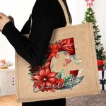 Spersonalizowana torba 3D Holly Floral Initial Durable Jute Tote Bag z imieniem Prezent świąteczny dla przyjaciela rodziny