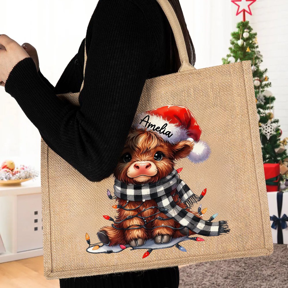 Sac en toile de jute réutilisable avec nom Cadeau d'anniversaire Cadeau de Noël pour les amoureux de la famille Highland Cow 7