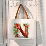 Personalised 3D Effect Holly Flowers Initial Canvas Tote Bag with Name and Leather Handle Christmas Birthday Gift for Family Friends