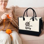 Personalized Crochet Yarn Design Large Canvas Tote Bag with Name and Waterproof Liner Birthday Gift for Women Knitting Lovers