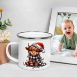Chapeau de Père Noël Lights Highland Cow Mug 11oz Colored Rim Enamel Mug with Name Christmas Festival Gift for Family Kids