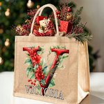 Spersonalizowana torba 3D Holly Floral Initial Durable Jute Tote Bag z imieniem Prezent świąteczny dla przyjaciela rodziny