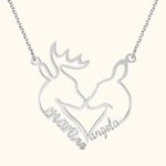 Personalised Heart-Shaped Reindeers Pendant Necklace with Double Names Dainty Jewellery Christmas Birthday Anniversary Gift for Couple Women