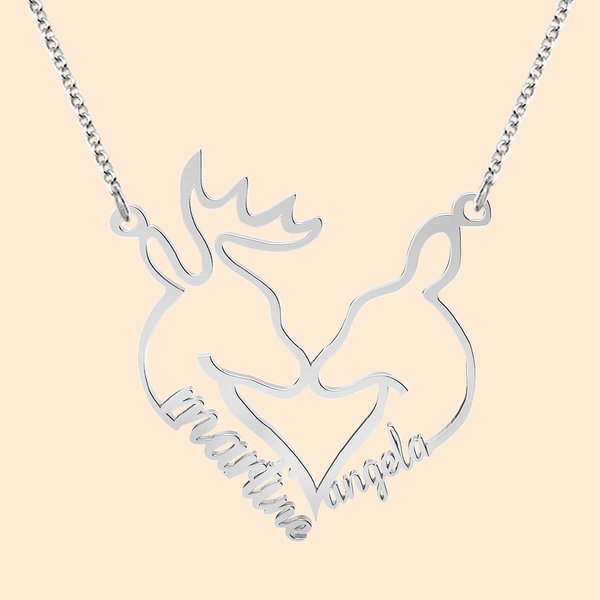 Personalised Heart-Shaped Reindeers Pendant Necklace with Double Names Dainty Jewellery Christmas Birthday Anniversary Gift for Couple Women