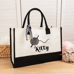 Personalized Crochet Yarn Design Large Canvas Tote Bag with Name and Waterproof Liner Birthday Gift for Women Knitting Lovers