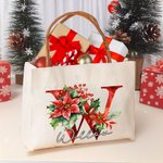 Personalised 3D Effect Holly Flowers Initial Canvas Tote Bag with Name and Leather Handle Christmas Birthday Gift for Family Friends