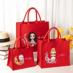 Personalized Birth Flower Cartoon Character Eco-friendly Red Jute Bag with Name Mother's Day Christmas Birthday Gift for Women Girls