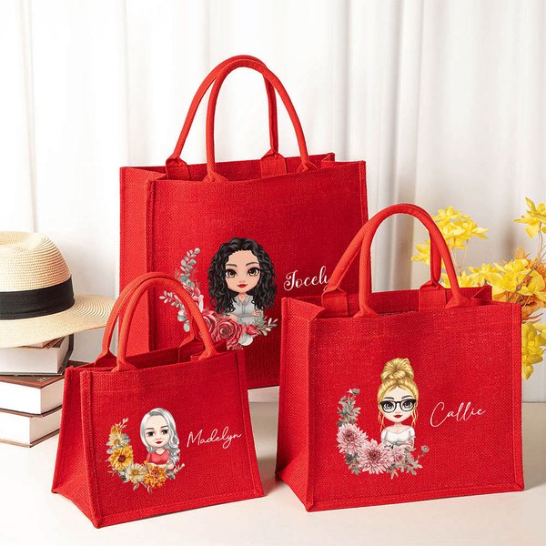 Personalisierte Geburt Blume Cartoon Charakter Umweltfreundliche rote Jute Tasche mit Namen Muttertag Weihnachten Geburtstag Geschenk für Frauen Mädchen