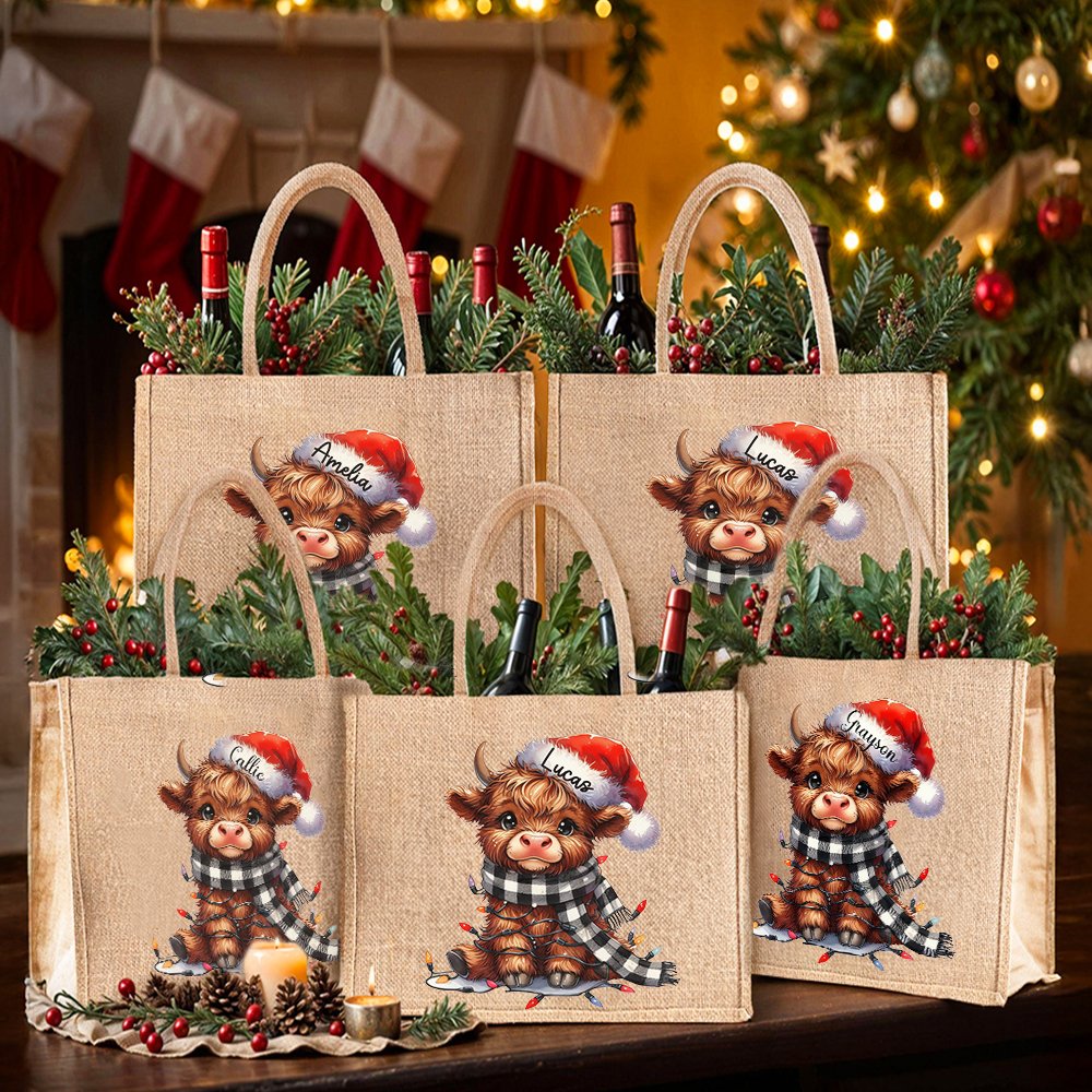 Sac en toile de jute réutilisable avec nom Cadeau d'anniversaire Cadeau de Noël pour les amoureux de la famille Highland Cow 6