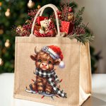 Sac en toile de jute réutilisable avec nom Cadeau d'anniversaire Cadeau de Noël pour les amoureux de la famille Highland Cow 3