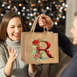 Spersonalizowana torba 3D Holly Floral Initial Durable Jute Tote Bag z imieniem Prezent świąteczny dla przyjaciela rodziny