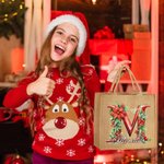 Spersonalizowana torba 3D Holly Floral Initial Durable Jute Tote Bag z imieniem Prezent świąteczny dla przyjaciela rodziny