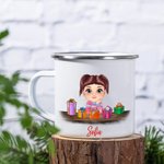 Personalised Cute Cartoon Reindeer Elf Girl Boy Receiving Gift Box 11oz Enamel Mug with Name Birthday Christmas Gift for Kids