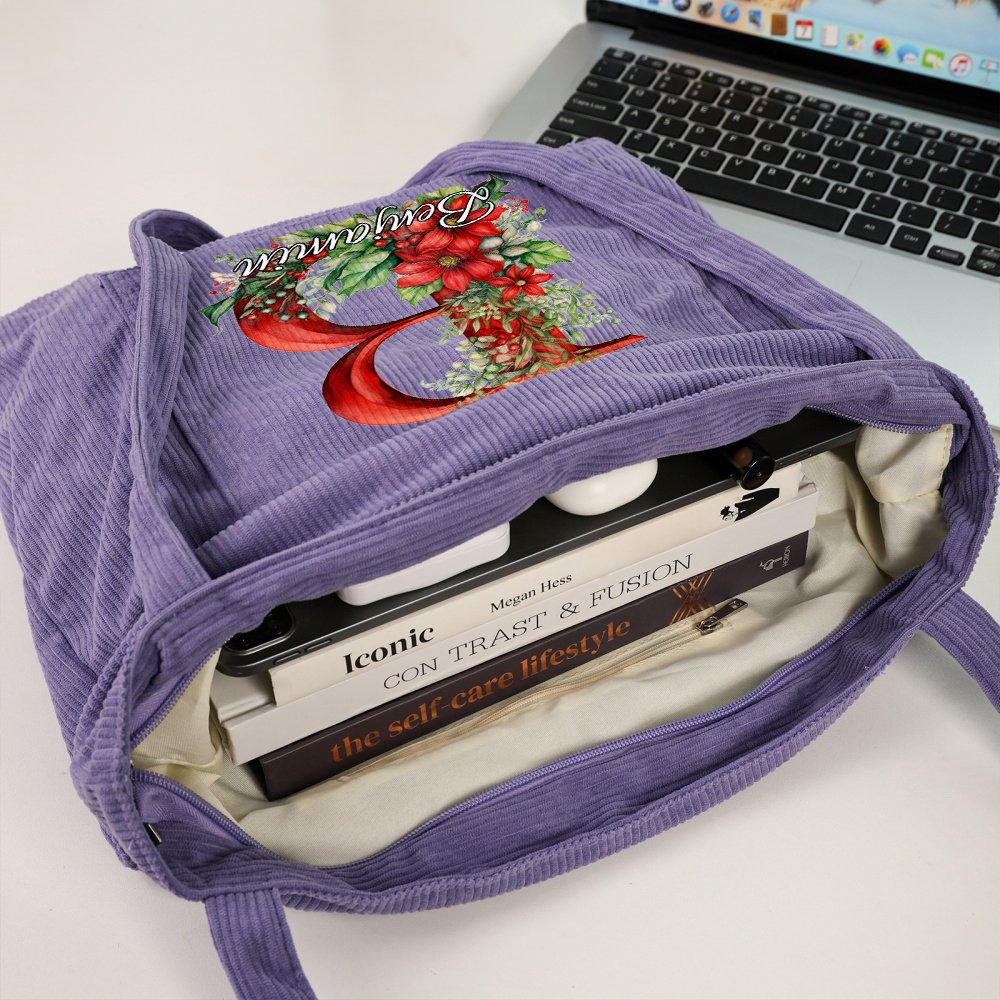 Personnalisé 3D Floral Initial Large Corduroy Tote Bag with Name and Handle for Casual Shopping Work Christmas Gift for Women 5