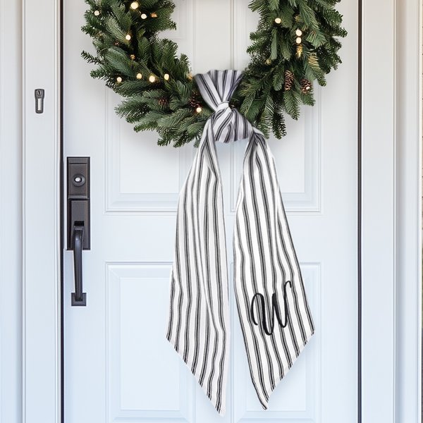 Personalized Black Ticking Stripe Wreath Sash with Embroidered Monogram Front Door Farmhouse Decor Christmas Housewarming Gift for Friend