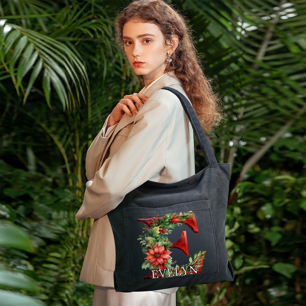 Personnalisé 3D Floral Initial Large Corduroy Tote Bag with Name and Handle for Casual Shopping Work Christmas Gift for Women 6