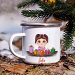 Personalised Cute Cartoon Reindeer Elf Girl Boy Receiving Gift Box 11oz Enamel Mug with Name Birthday Christmas Gift for Kids