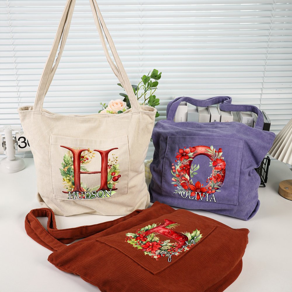 Personnalisé 3D Floral Initial Large Corduroy Tote Bag with Name and Handle for Casual Shopping Work Christmas Gift for Women 3