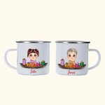 Personalised Cute Cartoon Reindeer Elf Girl Boy Receiving Gift Box 11oz Enamel Mug with Name Birthday Christmas Gift for Kids
