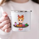 Personalised Cute Cartoon Reindeer Elf Girl Boy Receiving Gift Box 11oz Enamel Mug with Name Birthday Christmas Gift for Kids