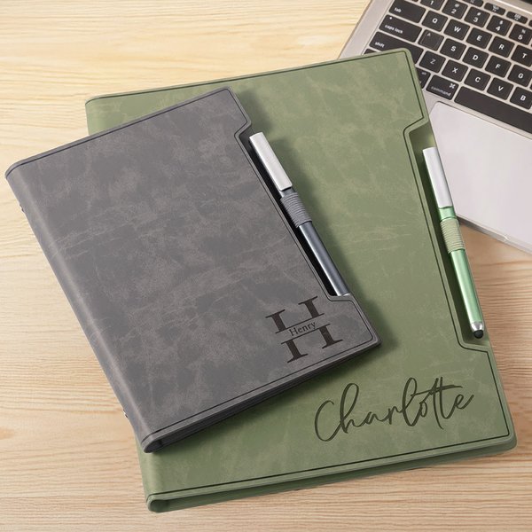 Personalized Engraved Monogrammed Leather Refillable Binder Notebook and Pen Set with 160 Lined Pages Birthday Gift for Family Friend Business Staff