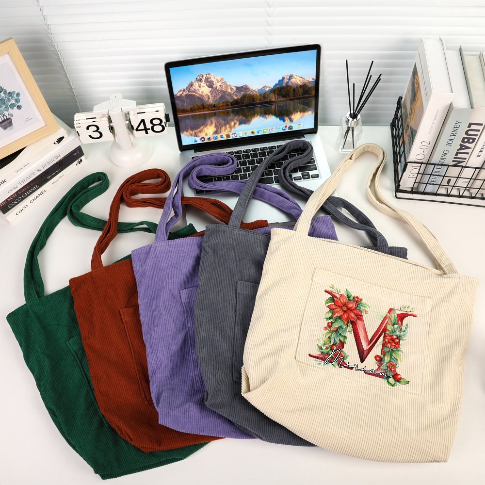 Personnalisé 3D Floral Initial Large Corduroy Tote Bag with Name and Handle for Casual Shopping Work Christmas Gift for Women 2