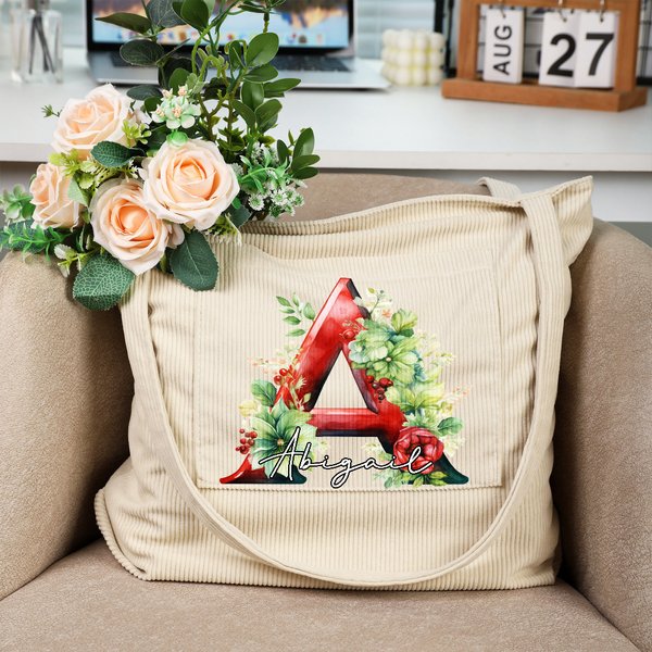 Personifierad 3D Floral Initial Stor Corduroy Tote Bag med namn och handtag för Casual Shopping Arbete Julklapp för kvinnor