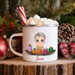 Personalised Cute Cartoon Reindeer Elf Girl Boy Receiving Gift Box 11oz Enamel Mug with Name Birthday Christmas Gift for Kids