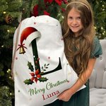 Personalised Bell Holly Santa Hat Initial Drawstring Canvas Gift Bag with Name and Text Christmas Party Gift for Family Kids
